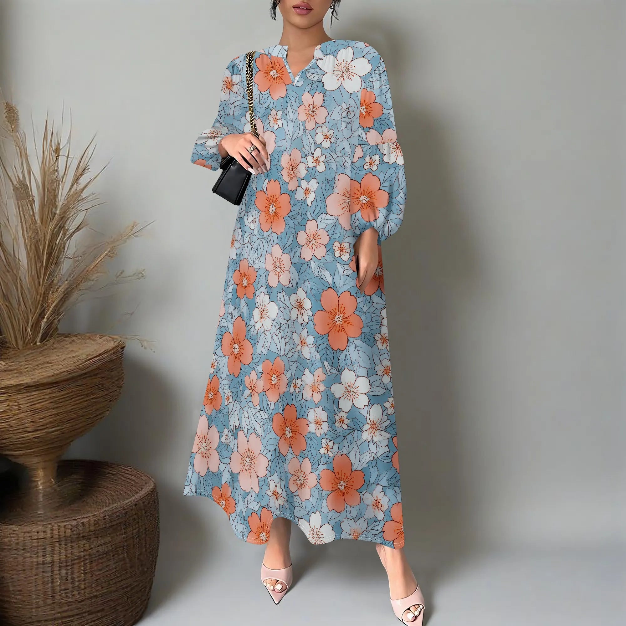 Women's Summer Boho Floral Long Sleeve V-Neck Midi Dress Casual Loose Colorful Beach Vacation Dress with Pockets