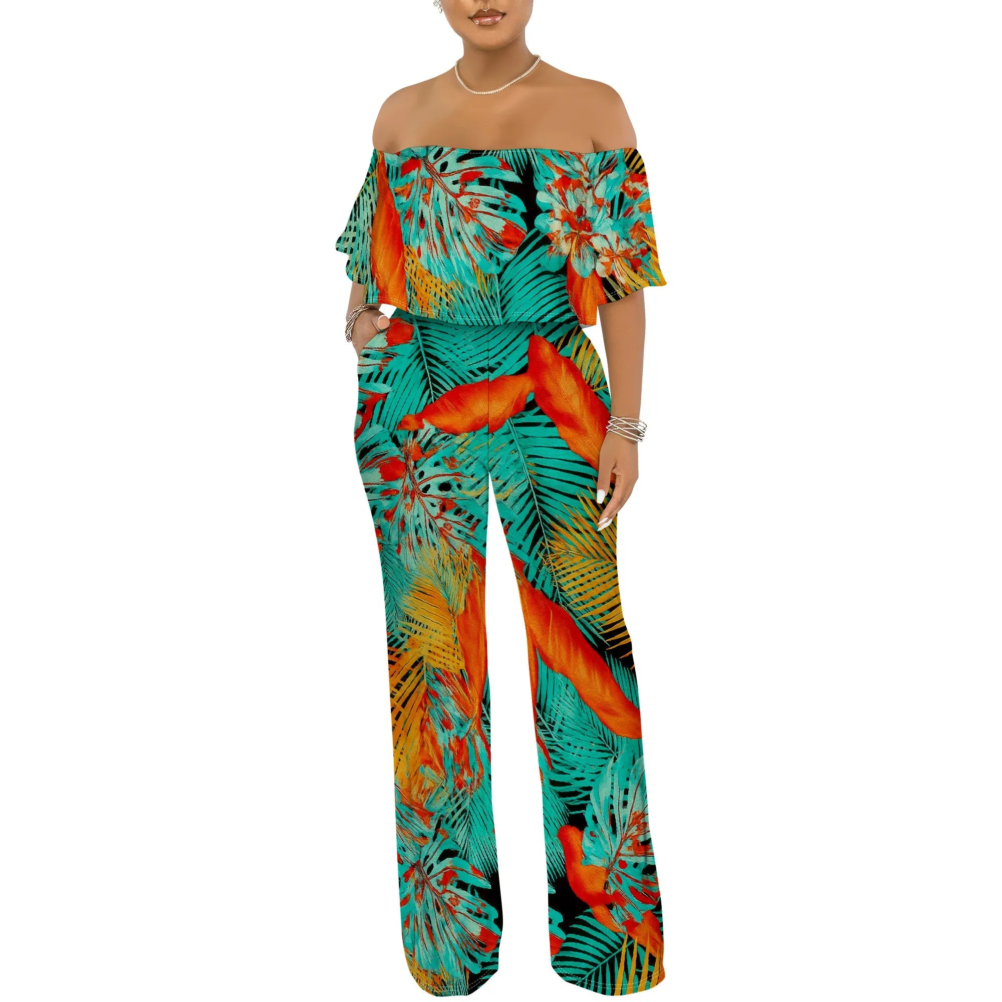 Off Shoulder Tube Top Ruffle Floral Print Jumpsuits for Women Wide Leg Pants Club Party Outfits Jumpsuit with Pockets