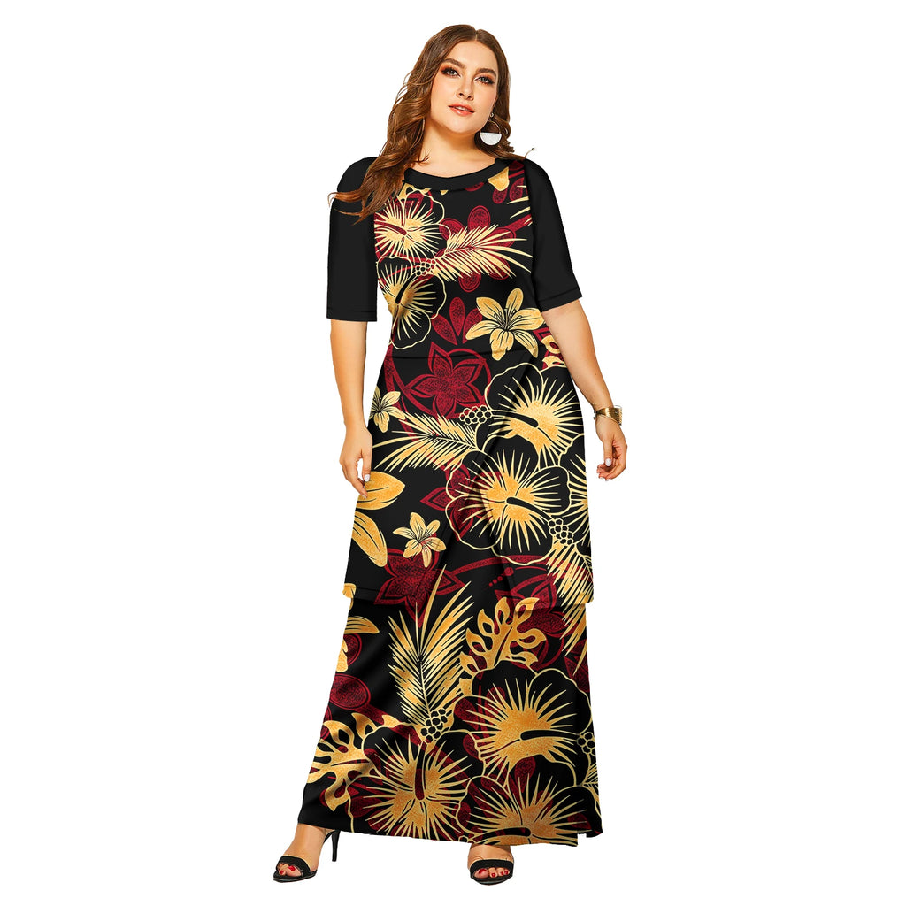 Vestido largo elegante con mangas florales para mujer, estilo hawaiano de las Islas del Pacífico, para playa, Puletasi 