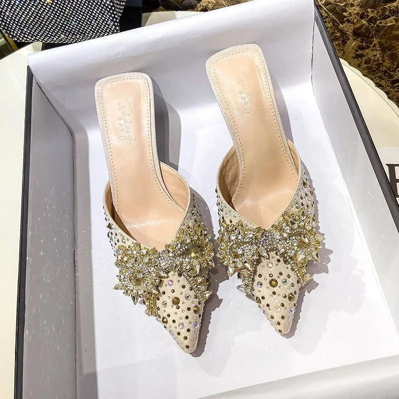 Pointed-toe, open-toe stiletto sandals with rhinestone bow detail Women's fashionable semi-open-toe high-heel sandals