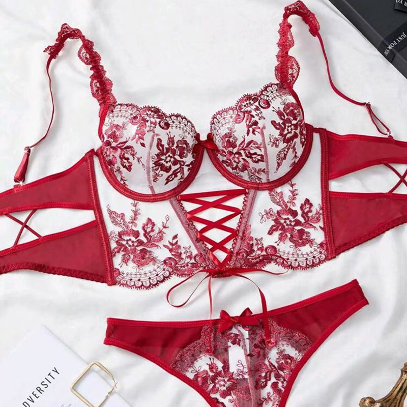 Sexy Mesh Embroidered Floral Cross-Tie Lingerie Set for Women