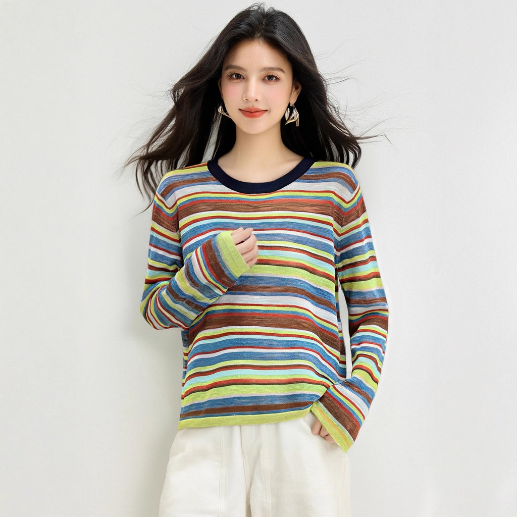 Design Sense Casual Colorful Stripe Crew Neck Knit Top for Women, Autumn Versatile Slimming Retro Basic T-Shirt