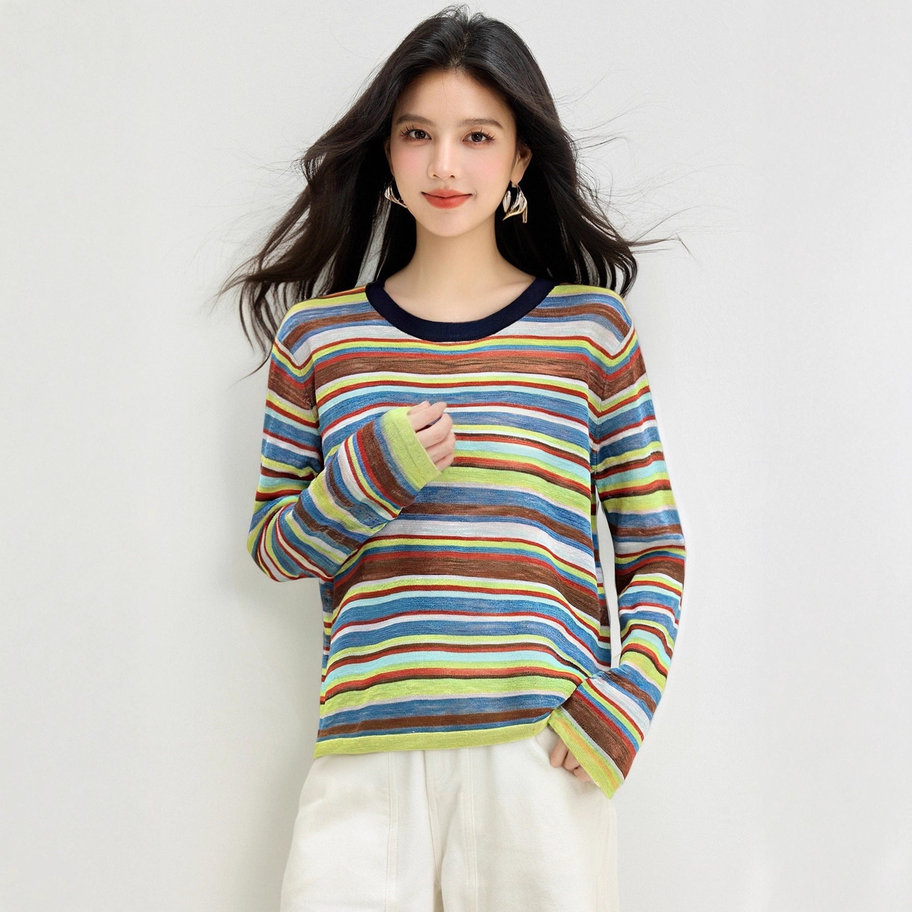 Design Sense Casual Colorful Stripe Crew Neck Knit Top for Women, Autumn Versatile Slimming Retro Basic T-Shirt