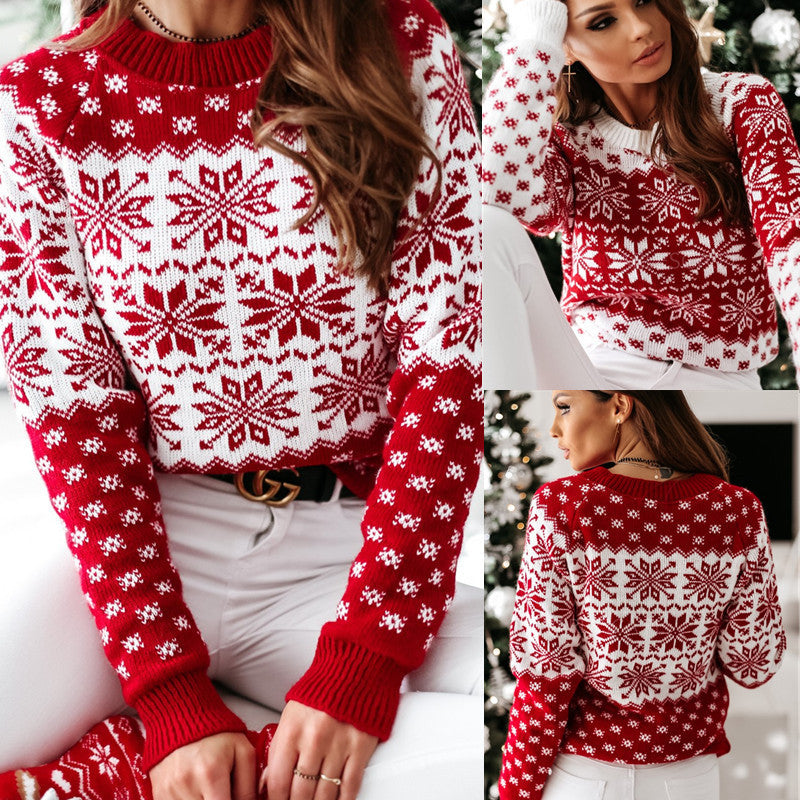 Knitted sweater women's Christmas snowflake long sleeved knitted sweater