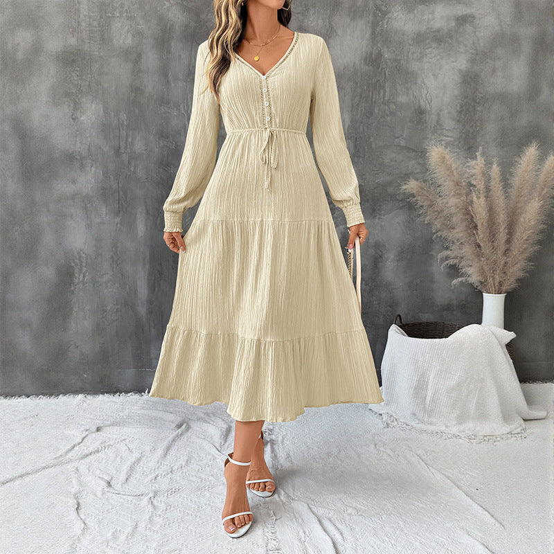 Elegant style long sleeved pleated V-neck solid color dress