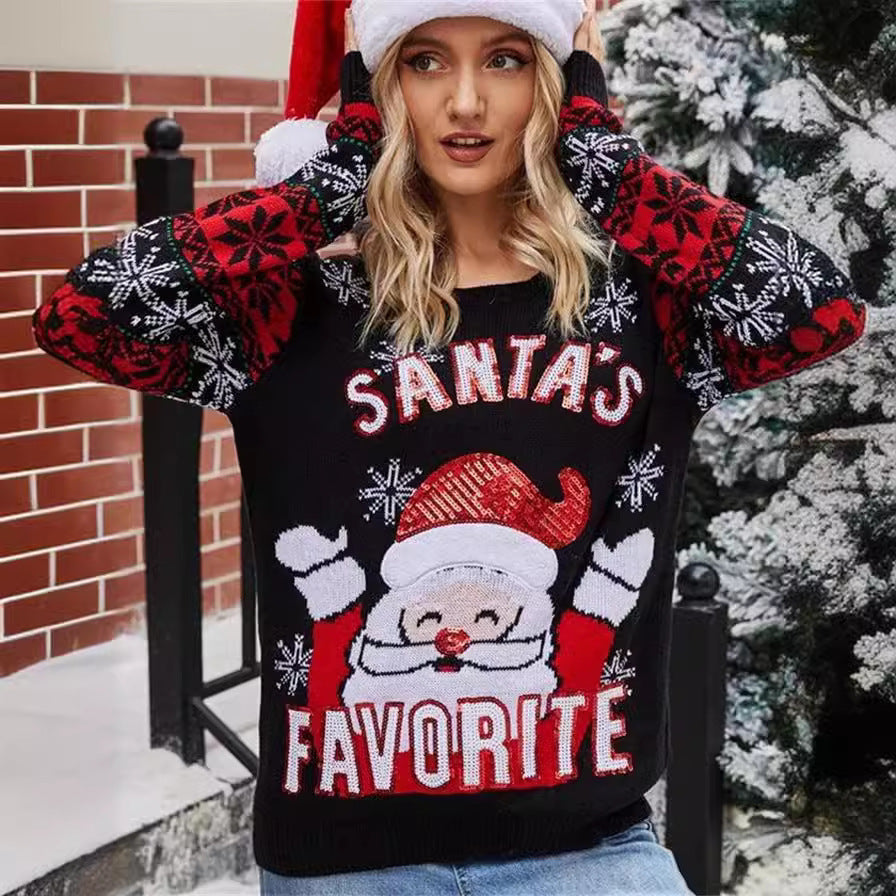 Christmas pullover sweater with Santa Claus embroidery round neck knit sweater for women