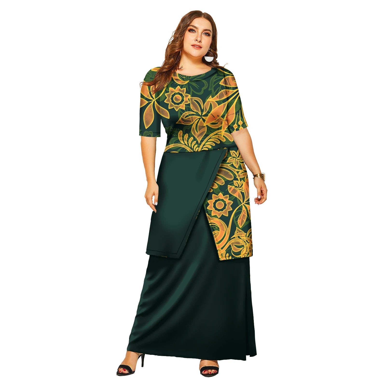 New Fashion Floral Sleeve Elegant Women Long Dress Pacific Island Hawaiian Beach Wear Puletasi Dresses