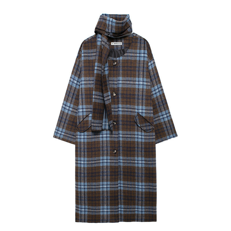 European and American style women's fashion temperament scarf collar long sleeved woolen plaid coat long coat