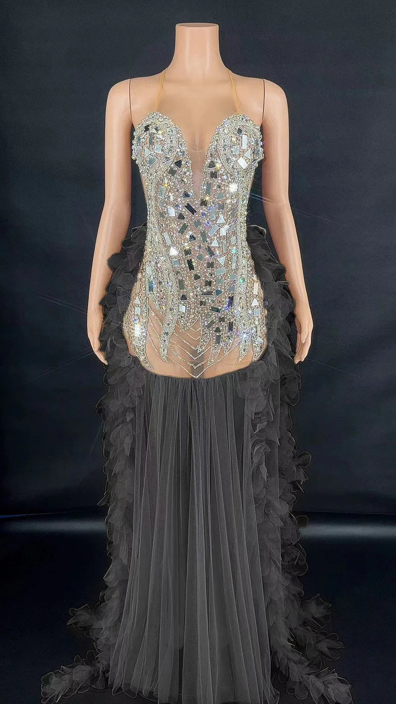 Performance Costume Nightclub Bar Mesh Slim Fit Wedding Master Of Ceremonies Model Walk Show Banquet Party Mini Vestido Sexy Hot