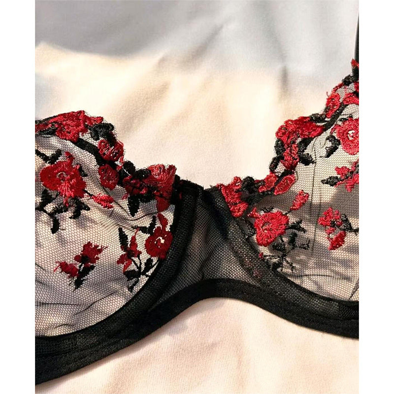 Conjunto de lencería de dos piezas para mujer, sexy, de cintura baja, con bordado floral, de malla transparente