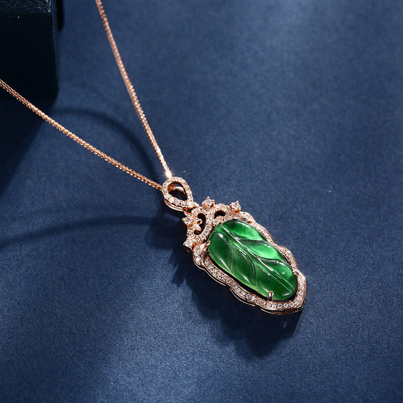 18K Gold Inlaid Emerald Necklace with Diamond Details