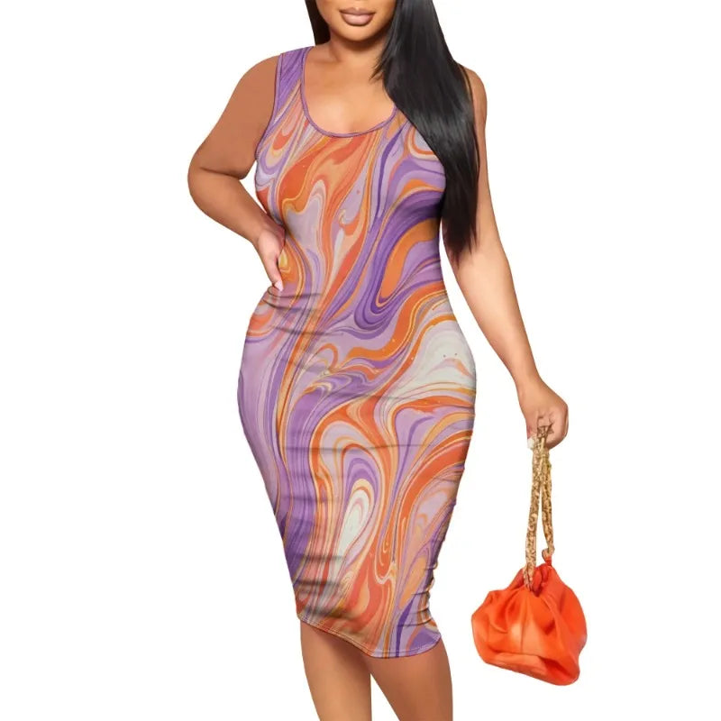 Women's Summer Casual Sexy Tank Bodycon Dress U Neck Wrap Sleeveless Midi Club Party Dress Floral Print Pencil Dress