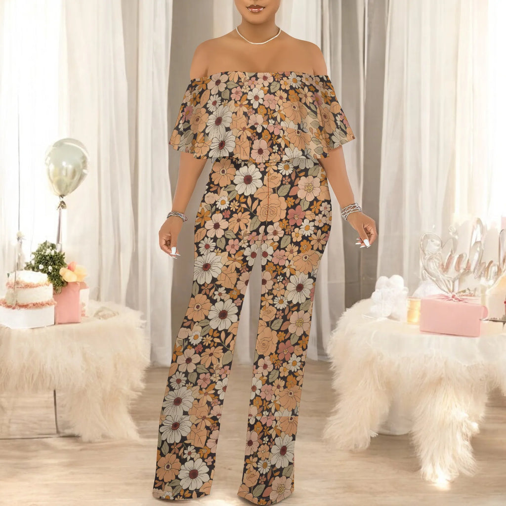 Off Shoulder Tube Top Ruffle Floral Print Jumpsuits for Women Wide Leg Pants Club Party Outfits Jumpsuit with Pockets