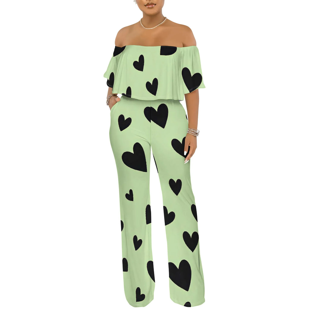 Off Shoulder Tube Top Ruffle Floral Print Jumpsuits for Women Wide Leg Pants Club Party Outfits Jumpsuit with Pockets