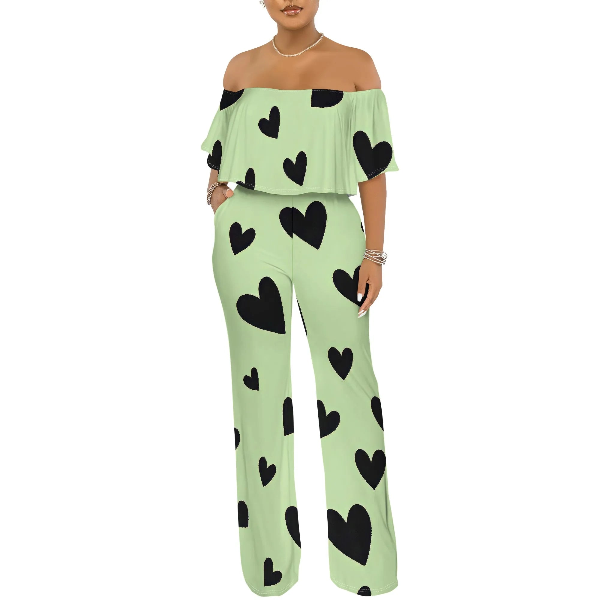 Off Shoulder Tube Top Ruffle Floral Print Jumpsuits for Women Wide Leg Pants Club Party Outfits Jumpsuit with Pockets