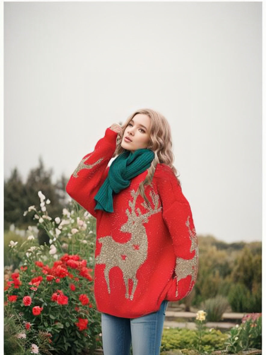 Golden Thread Snowflake Christmas Sweater Round Neck Long Sleeve Hoodie for Women