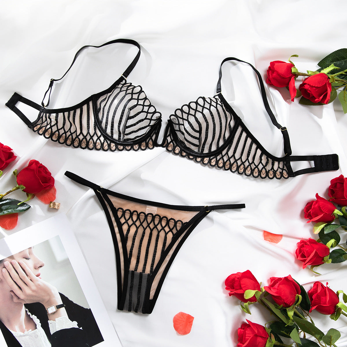 Shell Lace Bra Set - Ultra-thin Mesh Embroidered Underwire Gathered Sexy Deep U Transparent Bra Suit