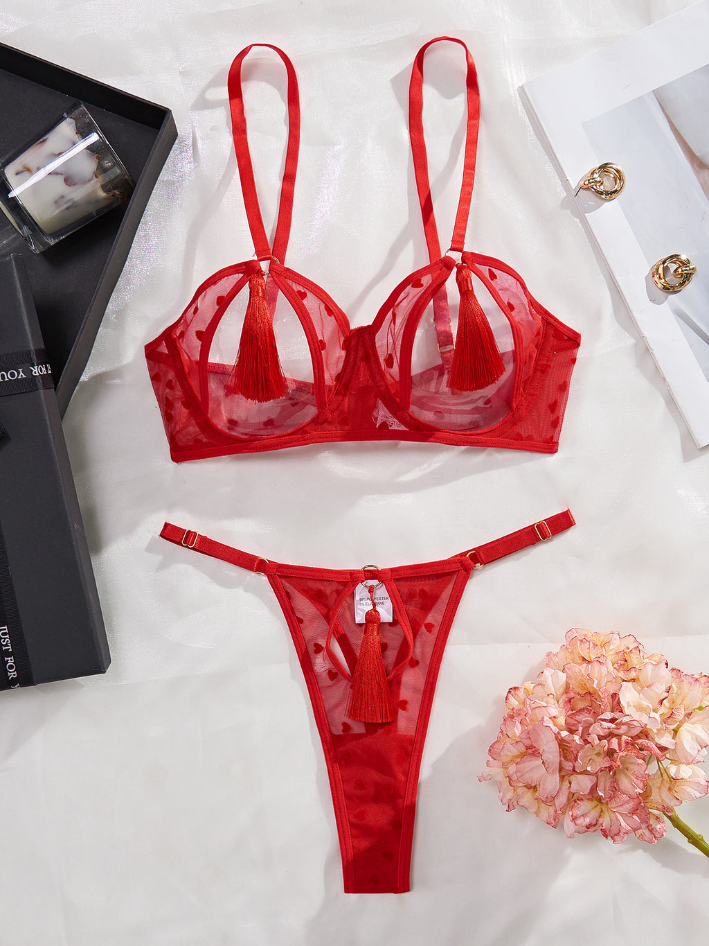 Love perspective mesh sexy tassel fun hollow underwear two-piece set for women