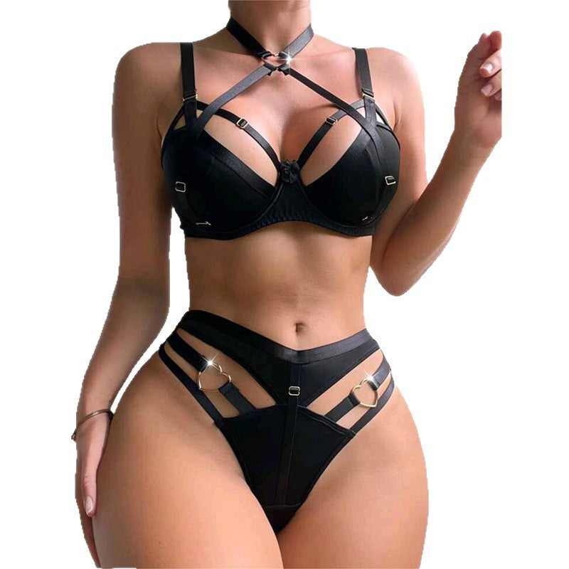 Conjunto de lencería sexy de dos piezas con aberturas negras transparentes para mujer. Exportación transfronteriza.