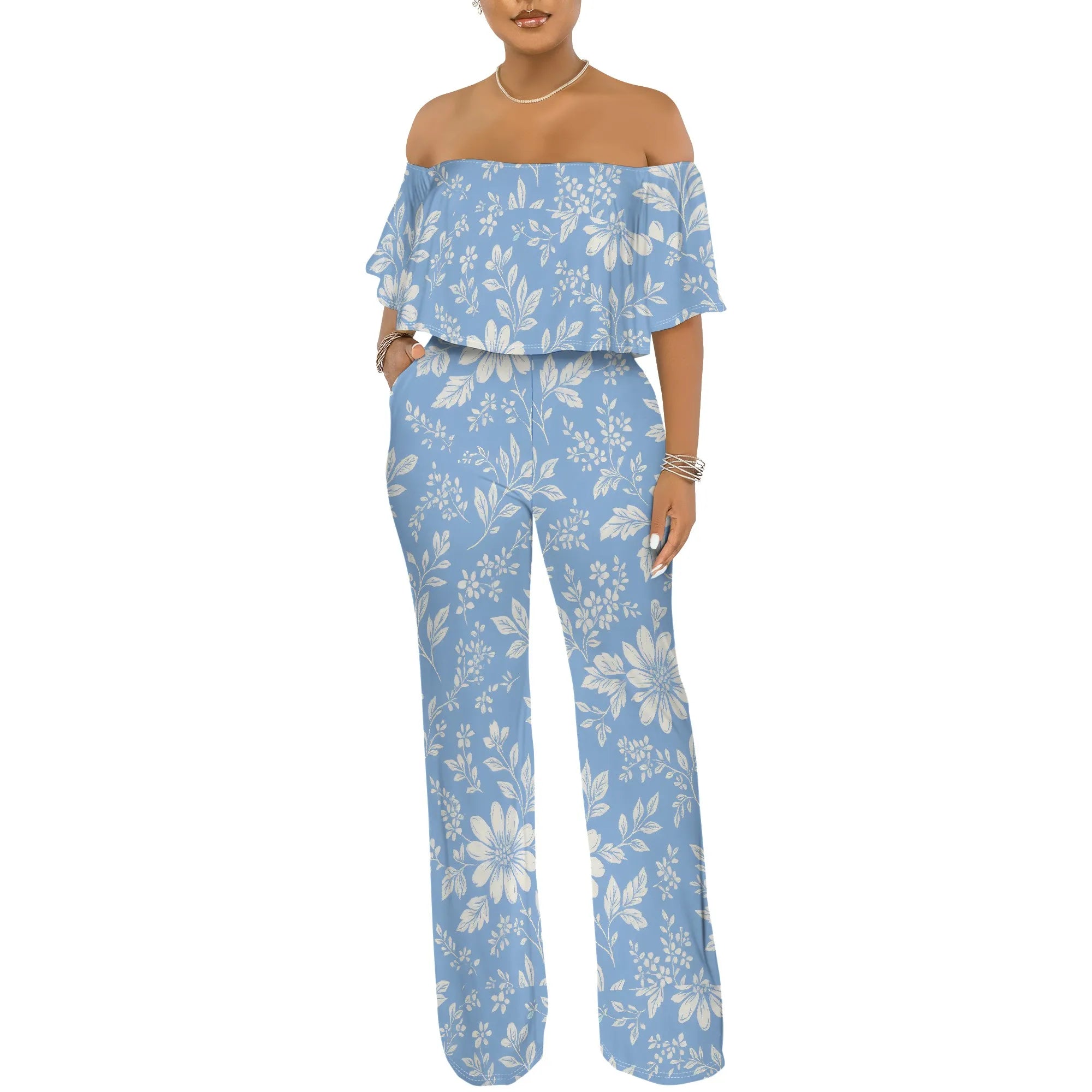 Off Shoulder Tube Top Ruffle Floral Print Jumpsuits for Women Wide Leg Pants Club Party Outfits Jumpsuit with Pockets
