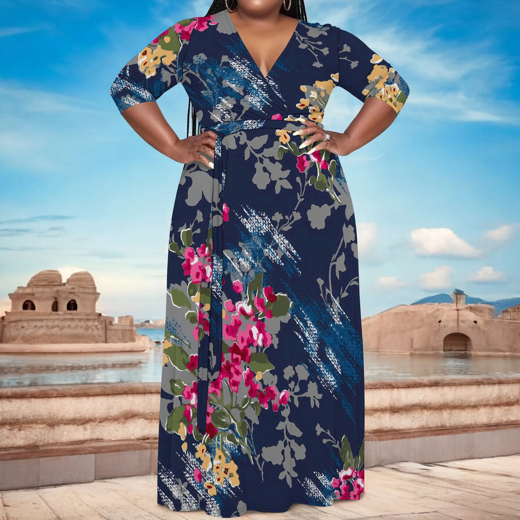 Plus Size Women's V-Neck Half Sleeve Abstract Floral Maxi Dress Elegant Summer Vacation Dress