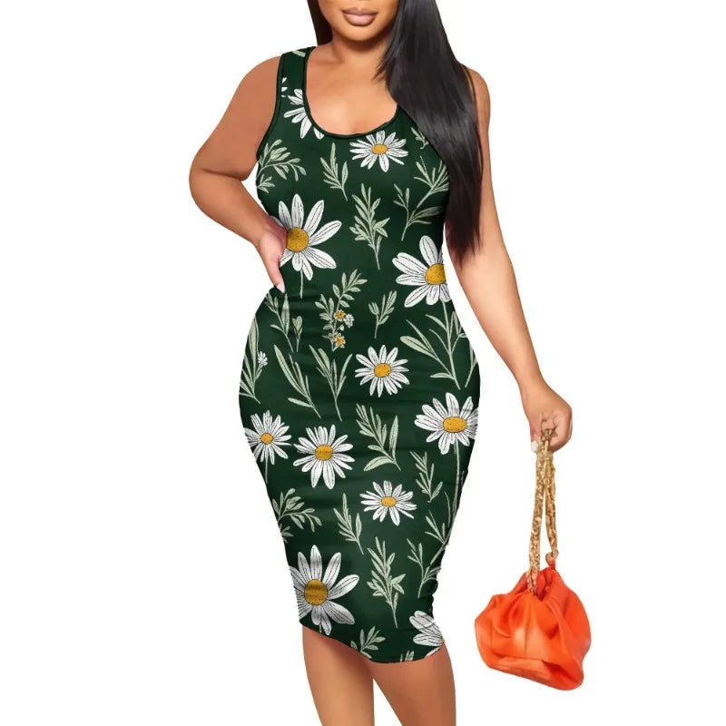 Women's Summer Casual Sexy Tank Bodycon Dress U Neck Wrap Sleeveless Midi Club Party Dress Floral Print Pencil Dress