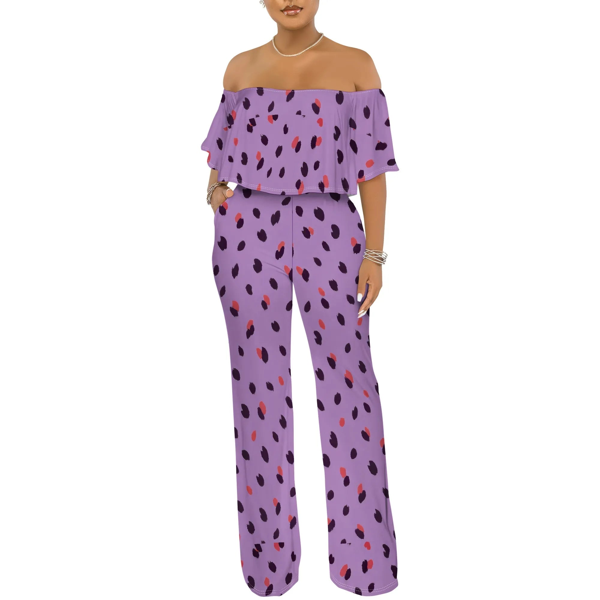 Off Shoulder Tube Top Ruffle Floral Print Jumpsuits for Women Wide Leg Pants Club Party Outfits Jumpsuit with Pockets