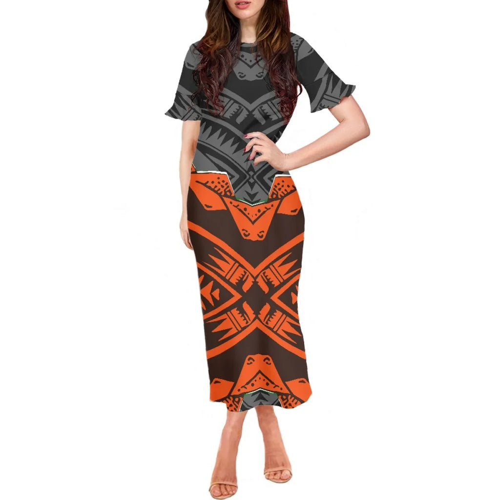 Summer Flowers Polynesian Tiare Monoi Tattoo Dress Hawaiian Style Women's Ruffle Short Sleeve Dress Casual Clothing