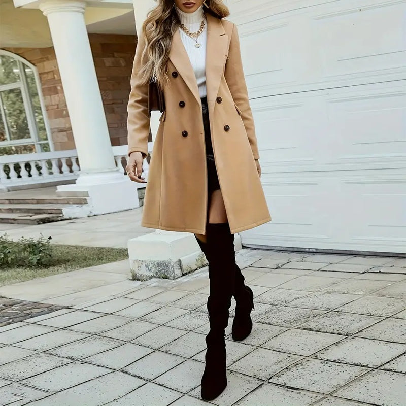 Women's Solid Color Double-Breasted Wool-Like Coat Notch Lapel Long