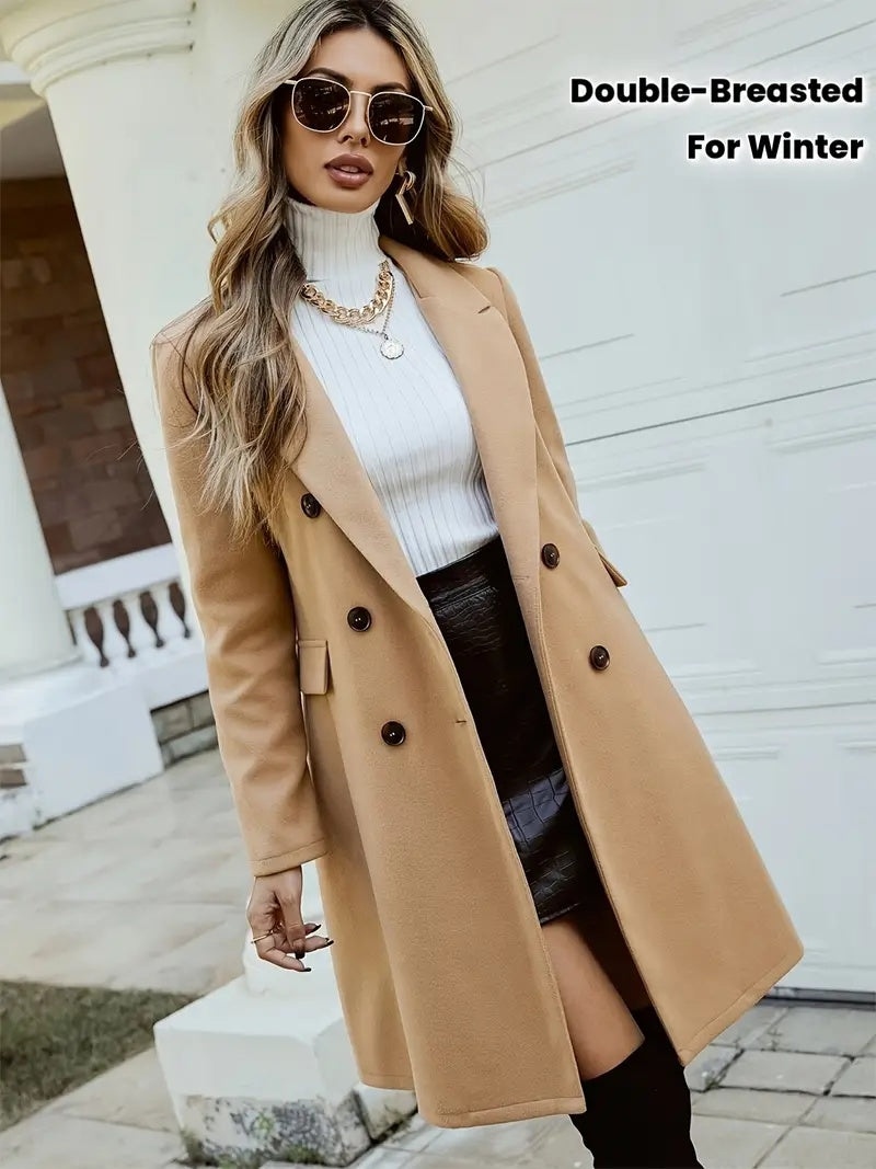 Women's Solid Color Double-Breasted Wool-Like Coat Notch Lapel Long