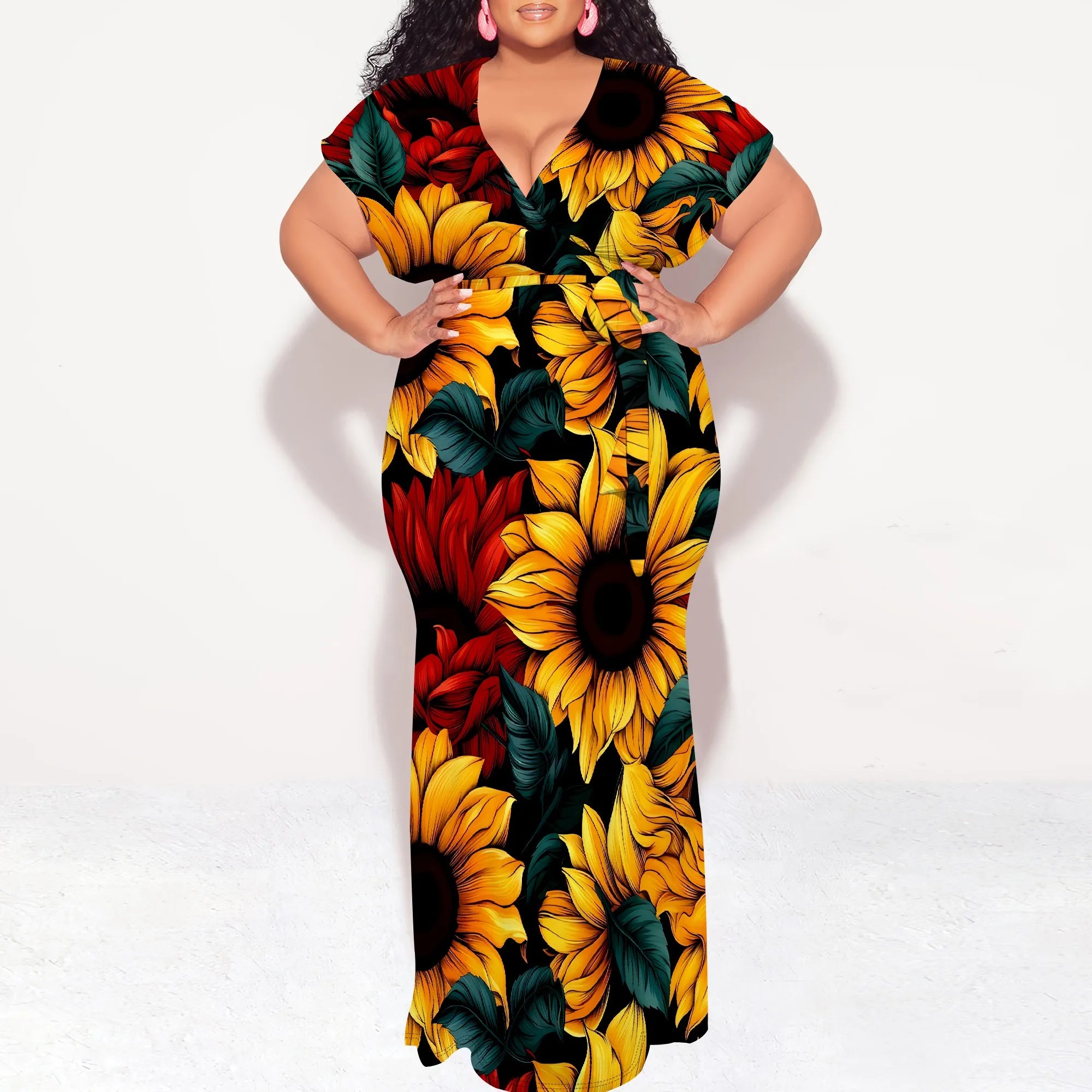 Plus Size Floral Print Maxi Dress V Neck Summer Casual Elegant Long Dress for Women