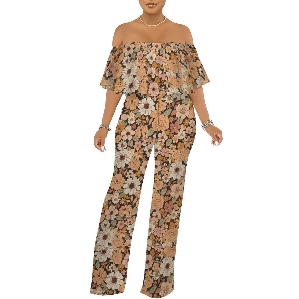 Off Shoulder Tube Top Ruffle Floral Print Jumpsuits for Women Wide Leg Pants Club Party Outfits Jumpsuit with Pockets