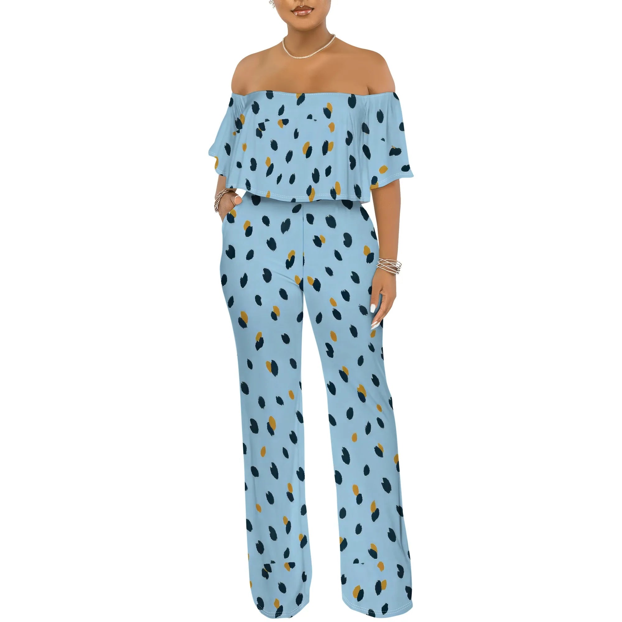 Off Shoulder Tube Top Ruffle Floral Print Jumpsuits for Women Wide Leg Pants Club Party Outfits Jumpsuit with Pockets