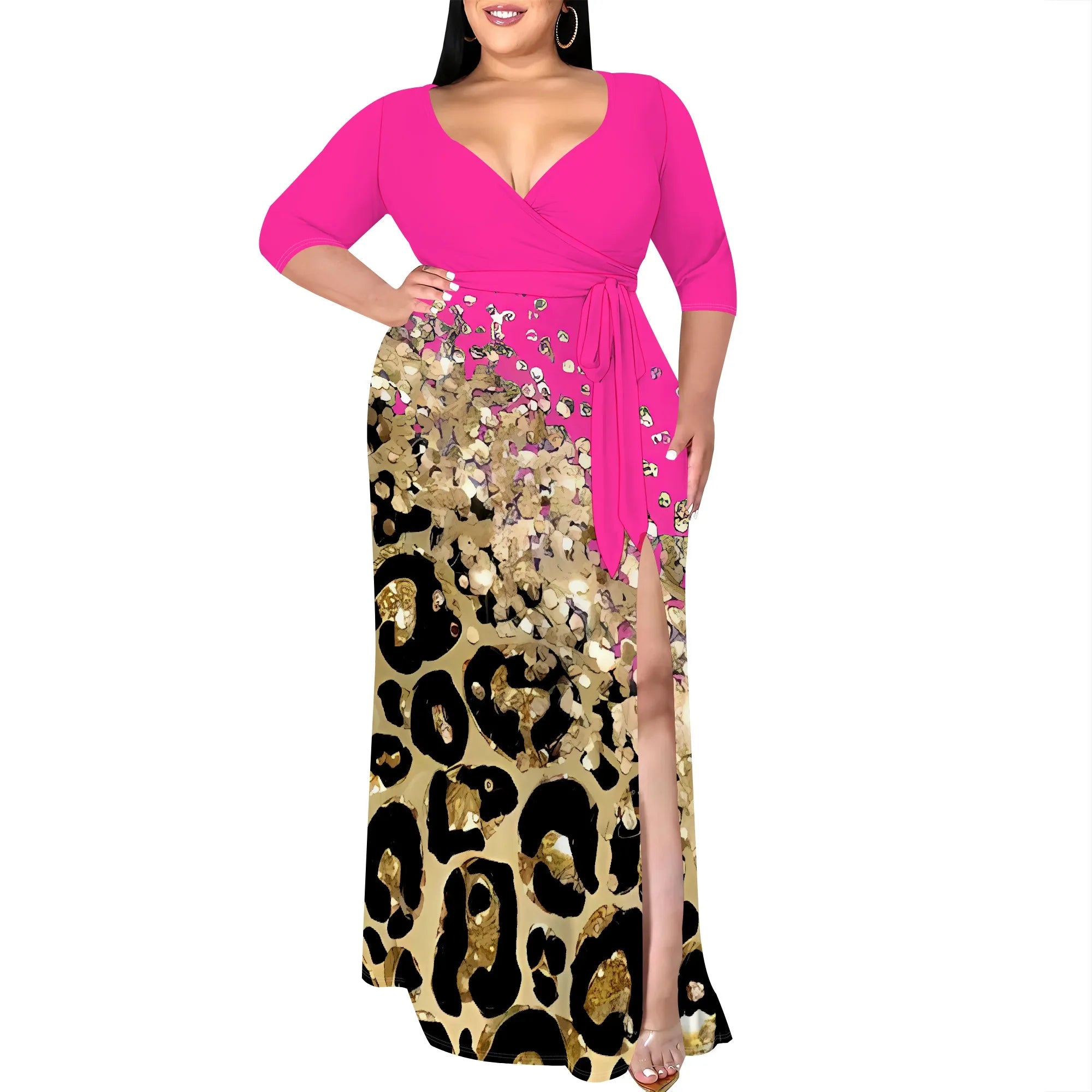 Plus Size V-Neck Wrap Maxi Dress with Gold Leopard Print Split Hem Elegant Party Dress for Women