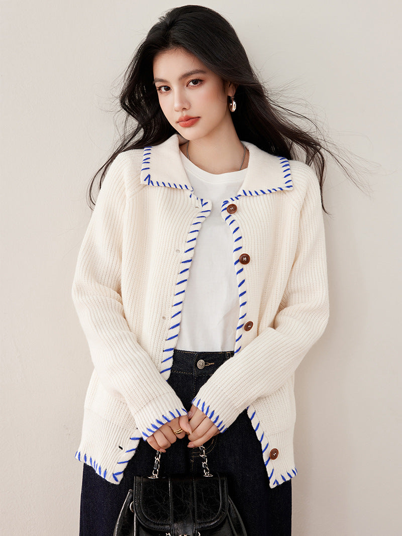 Laziness Style Color-block Loose Slim-fit Turn-down Collar Knit Sweater Coat