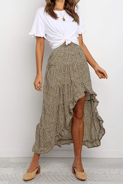 Boho Floral Print Midi Skirt Casual Side Slit Skir