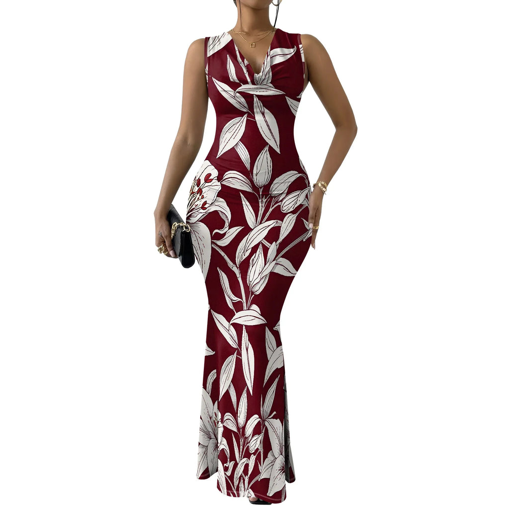 Vestido ajustado sin mangas con escote en V sexy para mujer, elegante e informal, con falda tubo, estampado floral, para cóctel y noche larga 