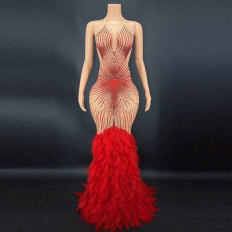 Products Blue Rhinestone Feather Dress Mesh Red Evening Elegant Evening Dresses Luxury Abito Da Cerimonia Donna Birthday Dresses
