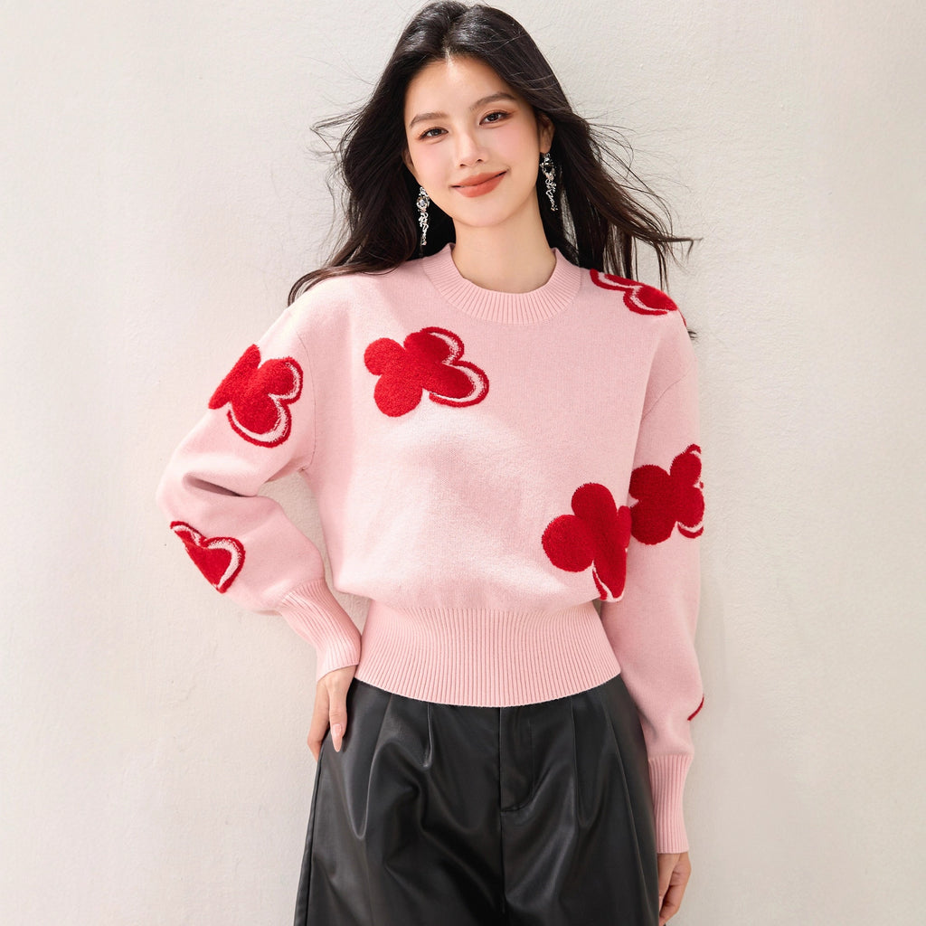 Fashion Color-Blocking Tweed Floral Jacquard Round Neck Knit Top, Stylish and Slim-Fitting Casual Wear