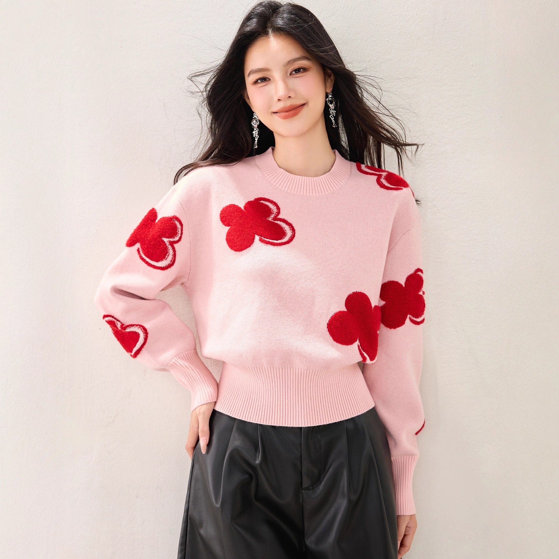 Fashion Color-Blocking Tweed Floral Jacquard Round Neck Knit Top, Stylish and Slim-Fitting Casual Wear