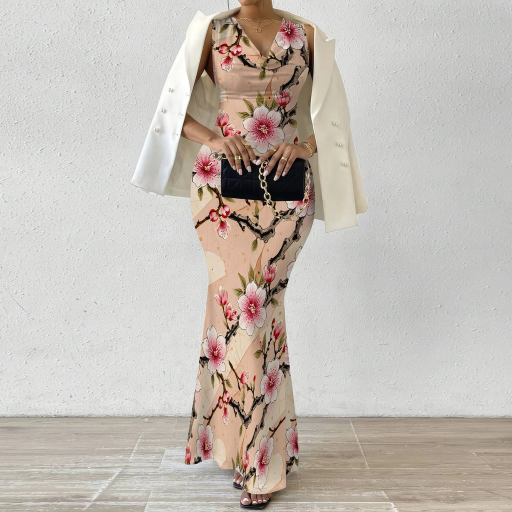 Vestido ajustado sin mangas con escote en V sexy para mujer, elegante e informal, con falda tubo, estampado floral, para cóctel y noche larga 