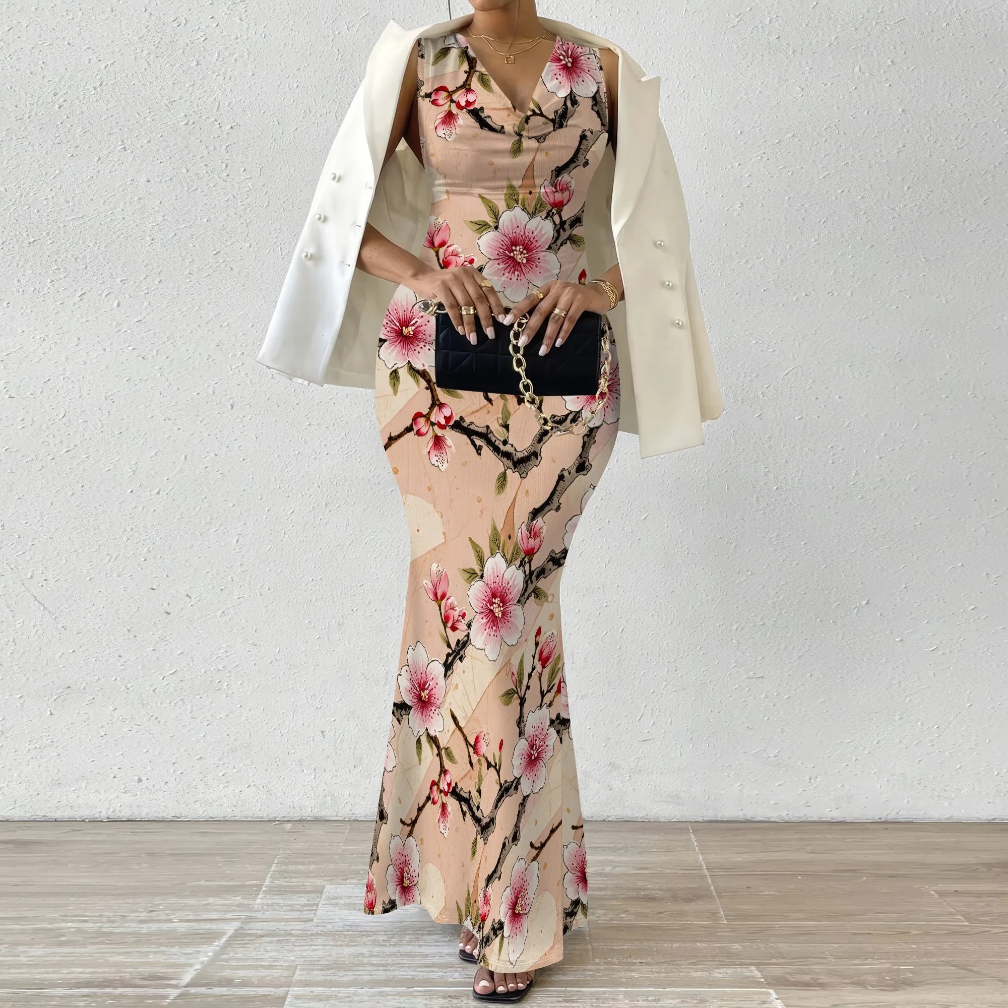 Vestido ajustado sin mangas con escote en V sexy para mujer, elegante e informal, con falda tubo, estampado floral, para cóctel y noche larga 