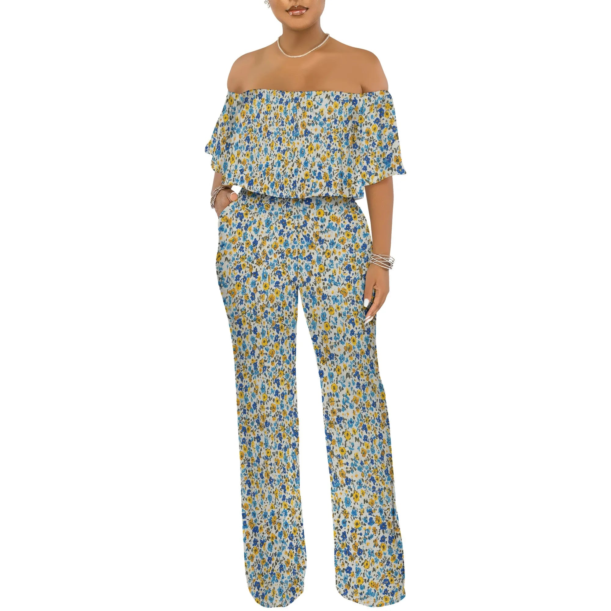 Off Shoulder Tube Top Ruffle Floral Print Jumpsuits for Women Wide Leg Pants Club Party Outfits Jumpsuit with Pockets