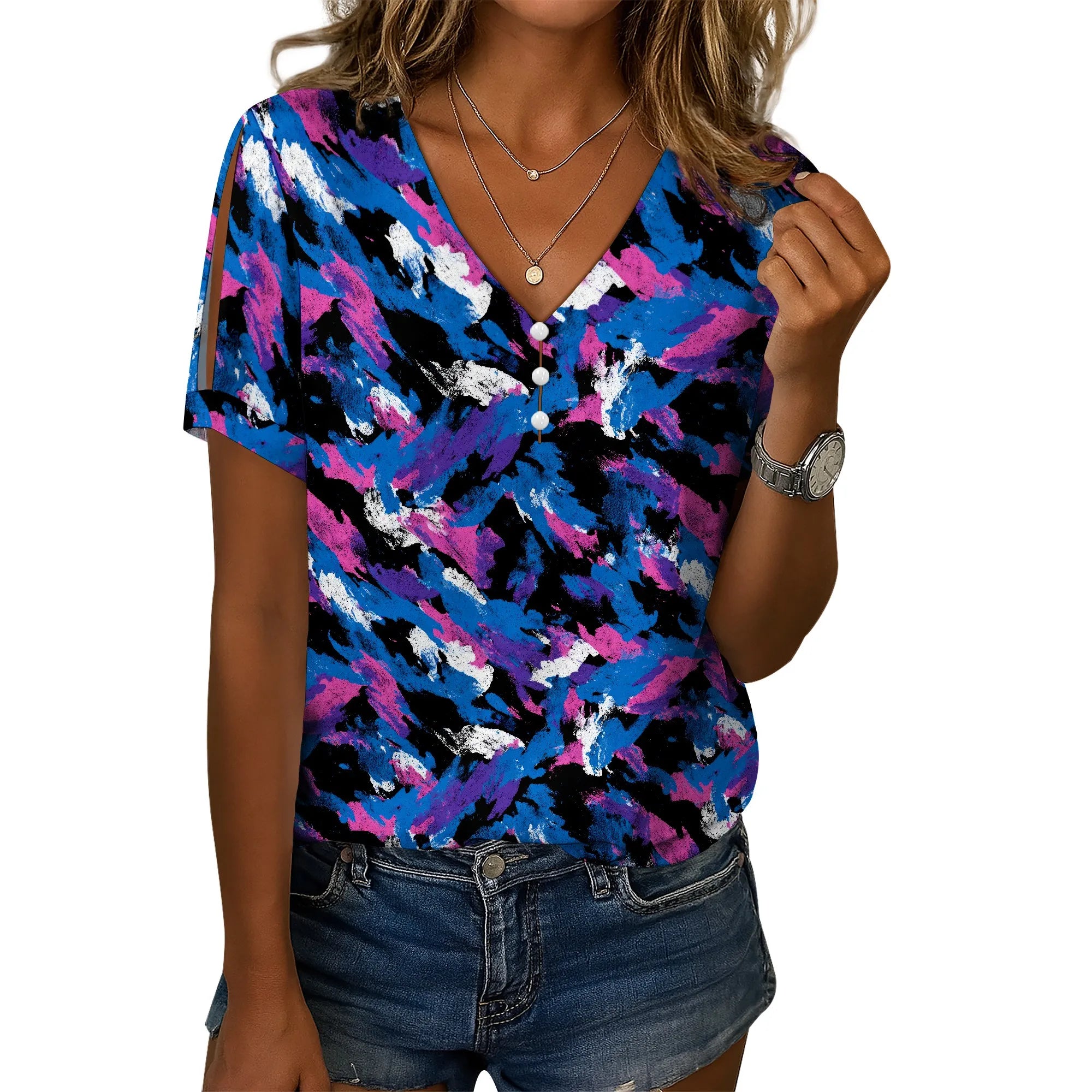 Cold Shoulder Casual Tops for Women Button Boho Floral Printed V-Neck Vintage Short Sleeve Summer T Shirts