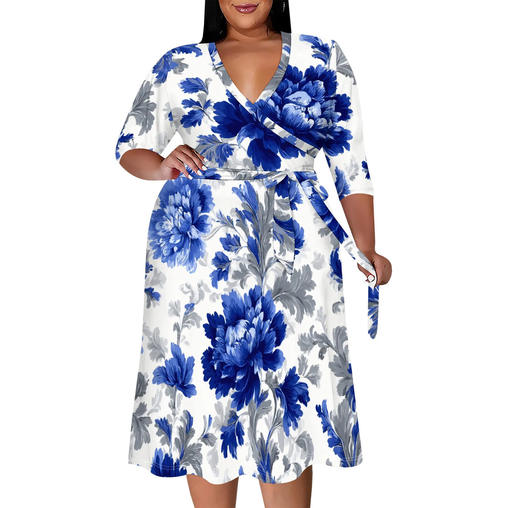 Plus Size V-Neck Wrap Midi Dress Purple Swirl Floral Print 3/4 Sleeve Elegant Look
