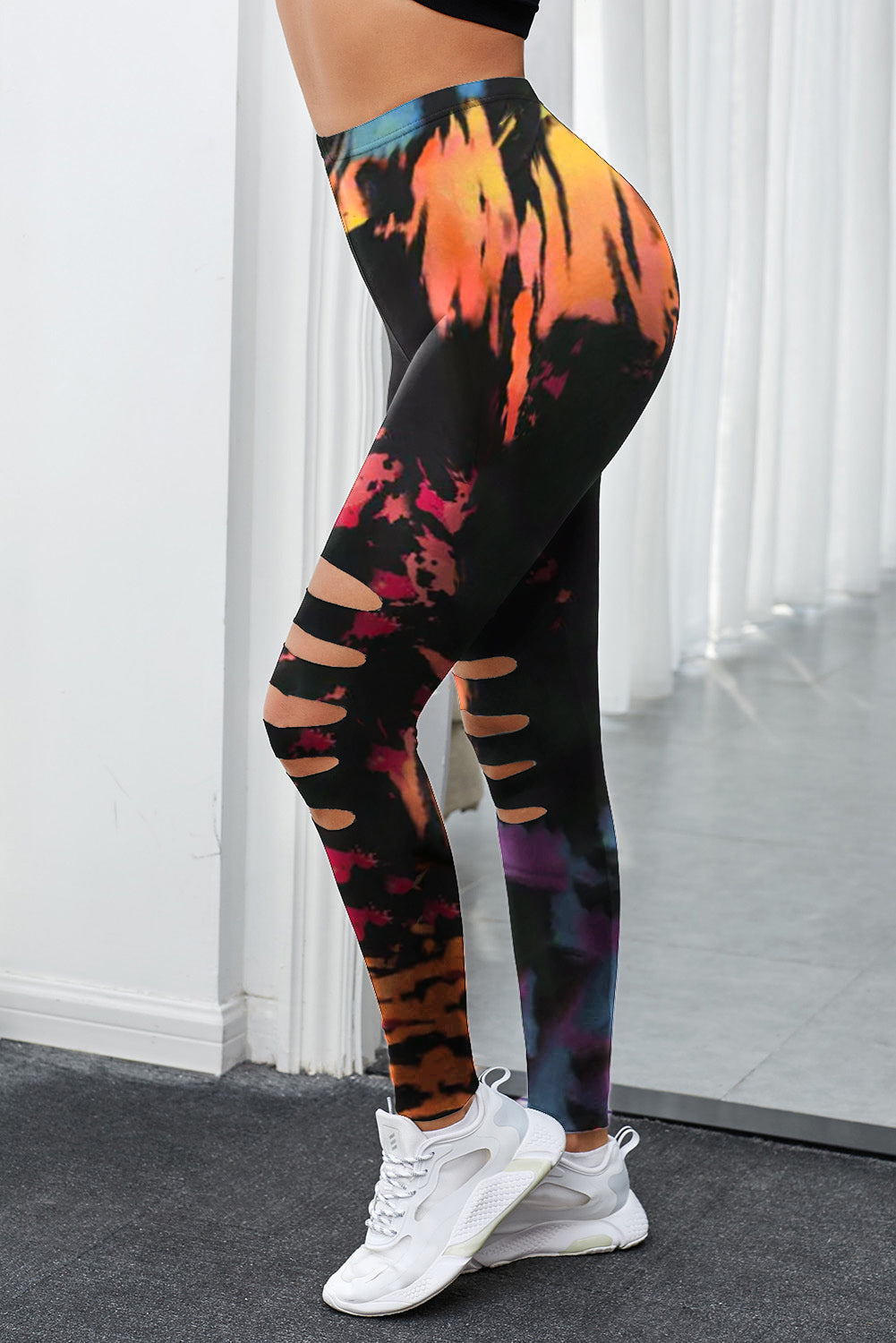 Leggings de sport multicolores tie-dye ajourés