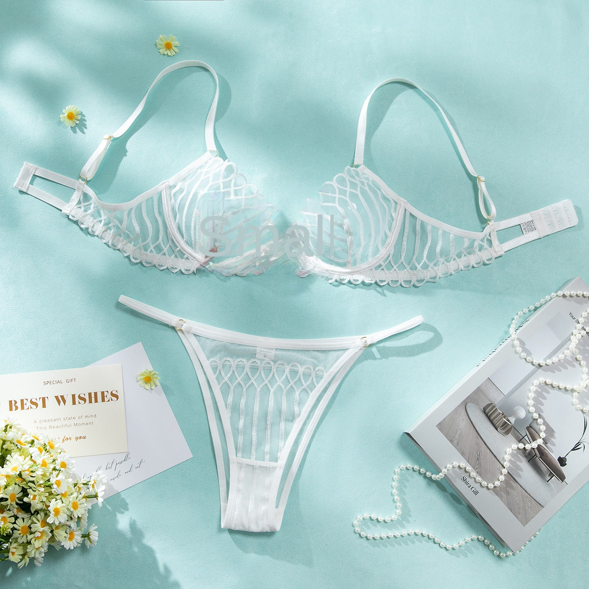 Shell Lace Bra Set - Ultra-thin Mesh Embroidered Underwire Gathered Sexy Deep U Transparent Bra Suit