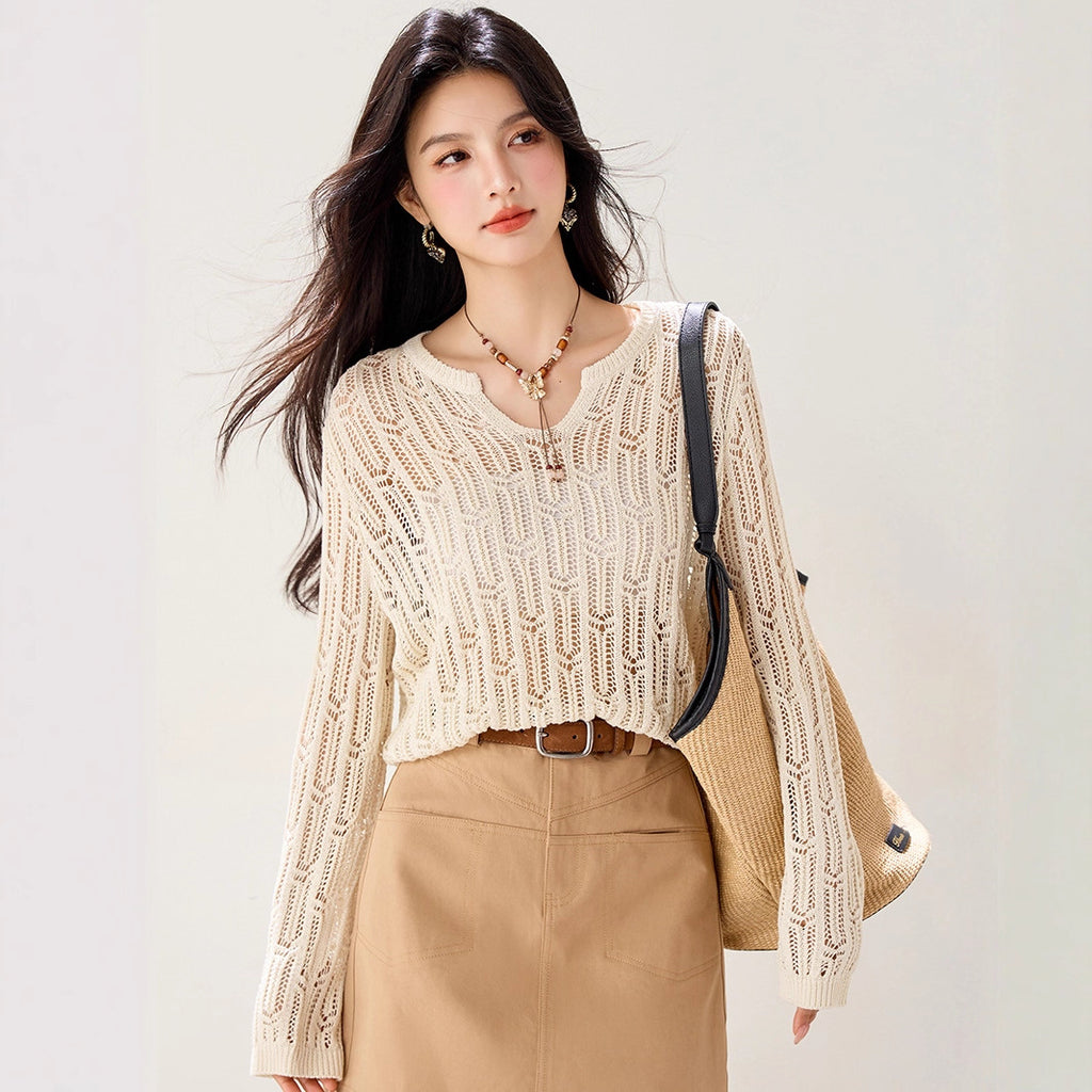 French-style Solid Color Knit Sweater, Loose Fit, Long Sleeve, Breathable, Hollow-out Design, Fashionable Casual Layering Top, Comfortable