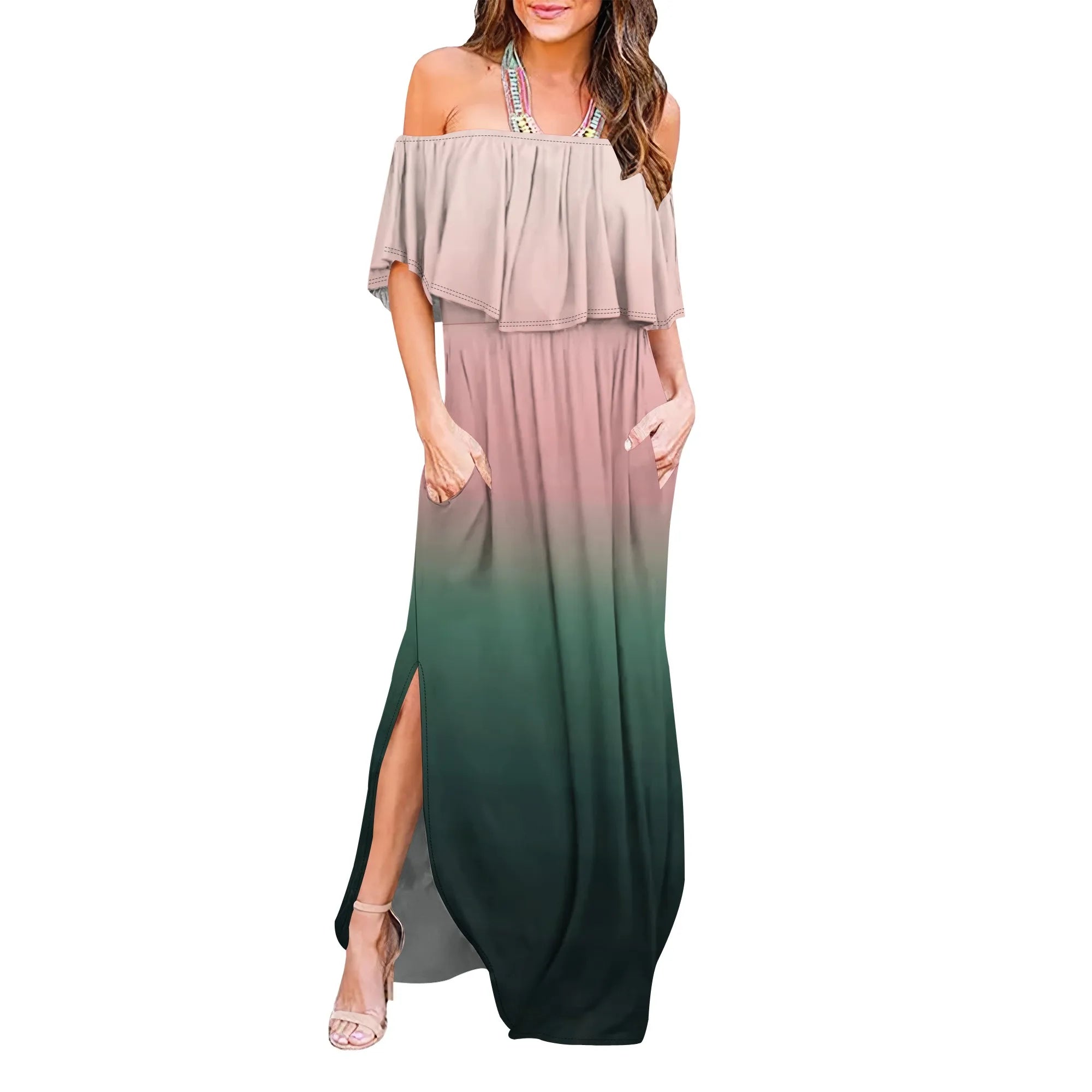 Womens Off The Shoulder Ruffle Party Dresses Side Split Beach Maxi Dress
