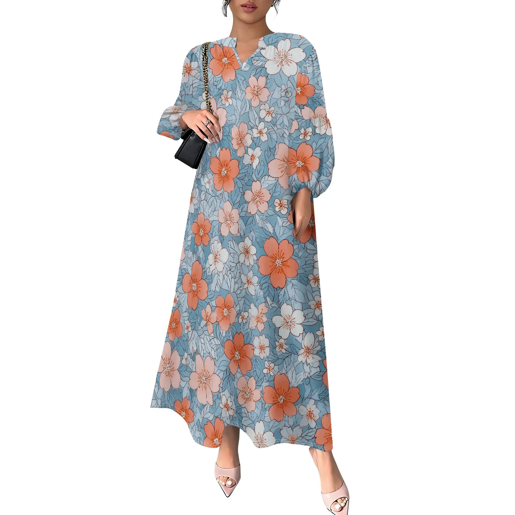 Women's Summer Boho Floral Long Sleeve V-Neck Midi Dress Casual Loose Colorful Beach Vacation Dress with Pockets